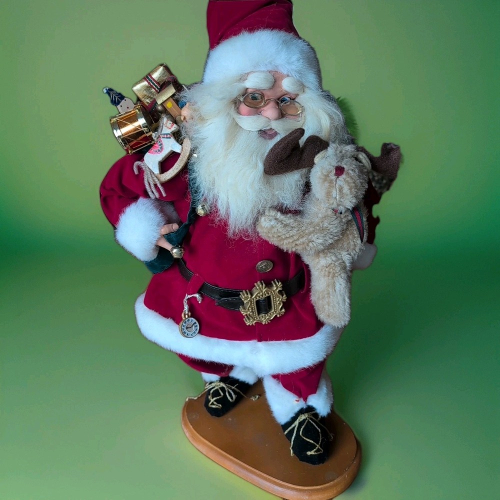 Vntg Santa 21" On Wood Base Dog gift sack, Toys  porcelain‎ Face Hand Red Jacket